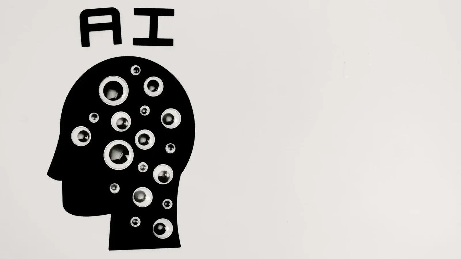 Abstract illustration of AI with silhouette head full of eyes, symbolizing observation and technology.