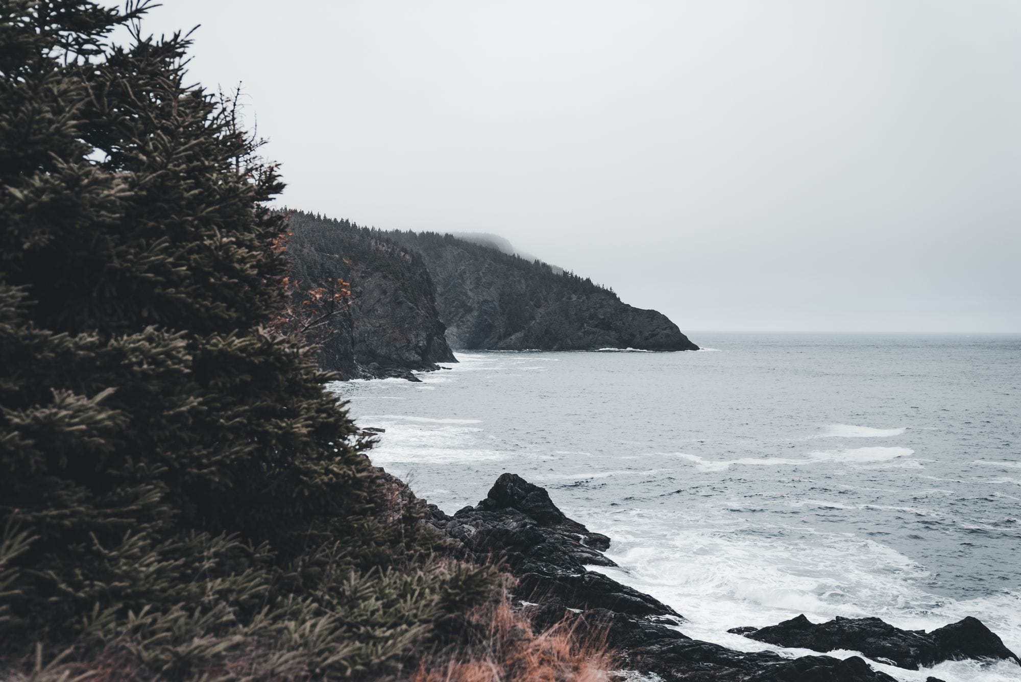 A dramatic coastal scene featuring a rugged rocky shoreline and choppy sea on a cloudy day.