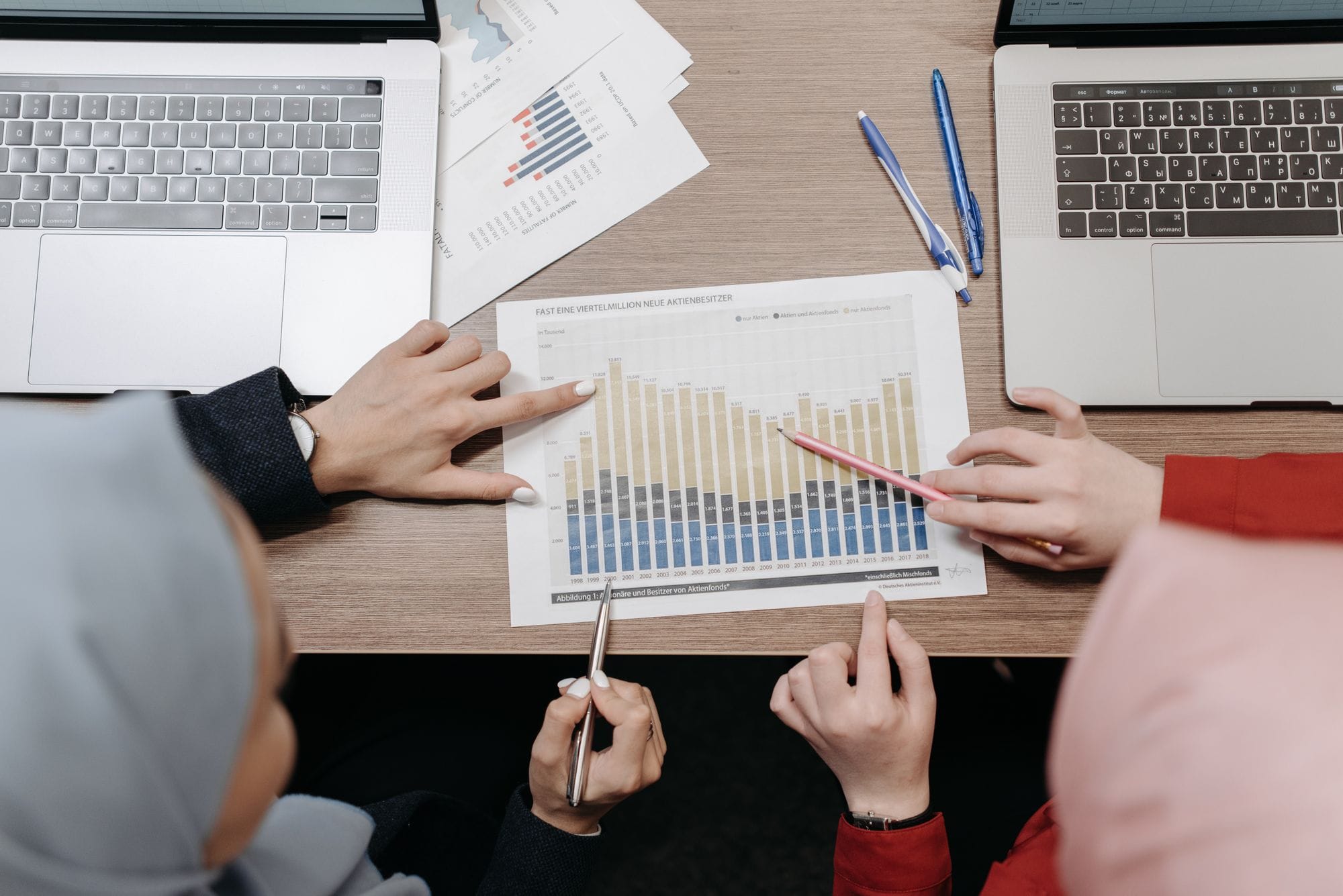 Two individuals analyze sales data and graphs on laptops at a meeting.