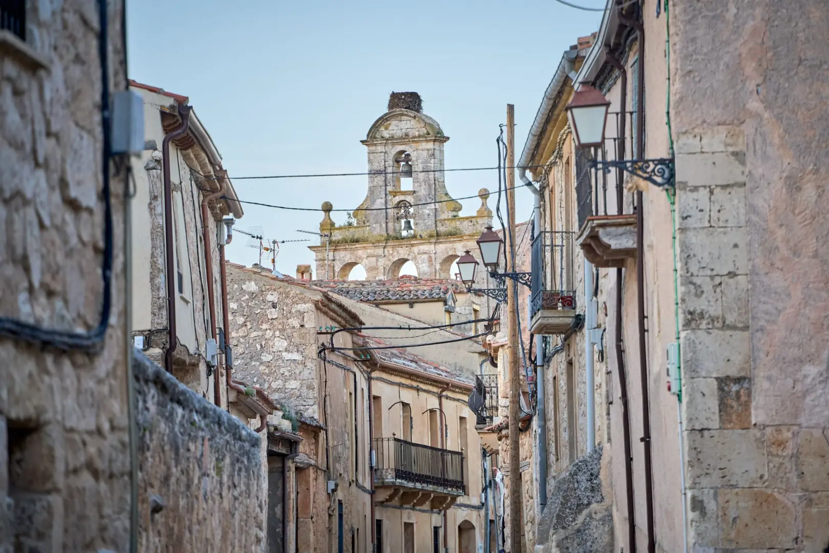 Picturesque street with historic architecture in Maderuelo, Castilla y León, Spain.