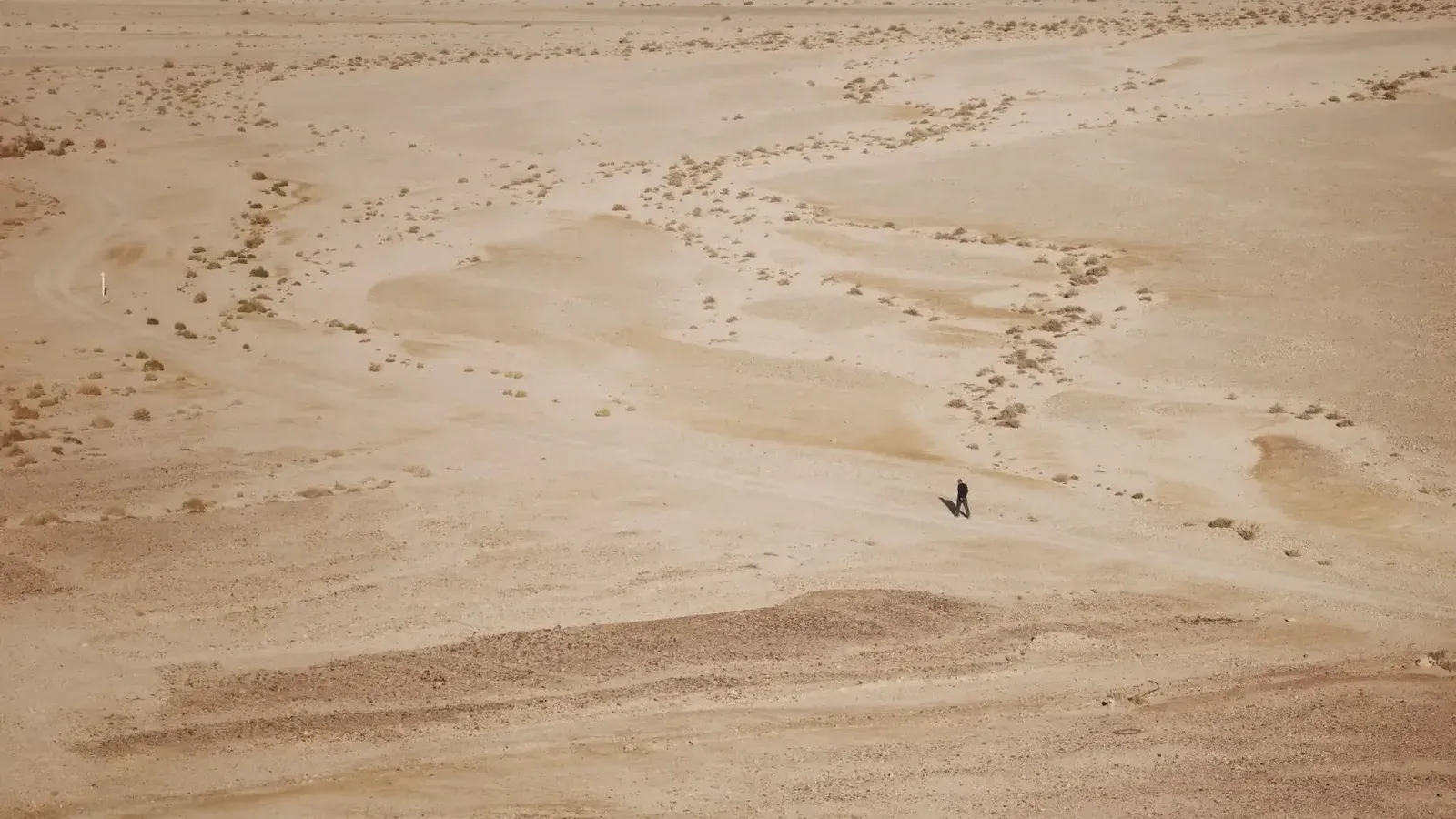 Una figura solitaria camina a través de un vasto paisaje desértico, enfatizando la soledad y la extensión de la naturaleza.