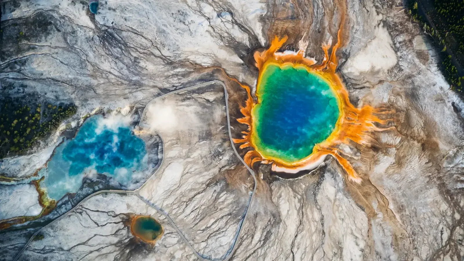 Stunning aerial shot of Grand Prismatic Spring in Yellowstone National Park.