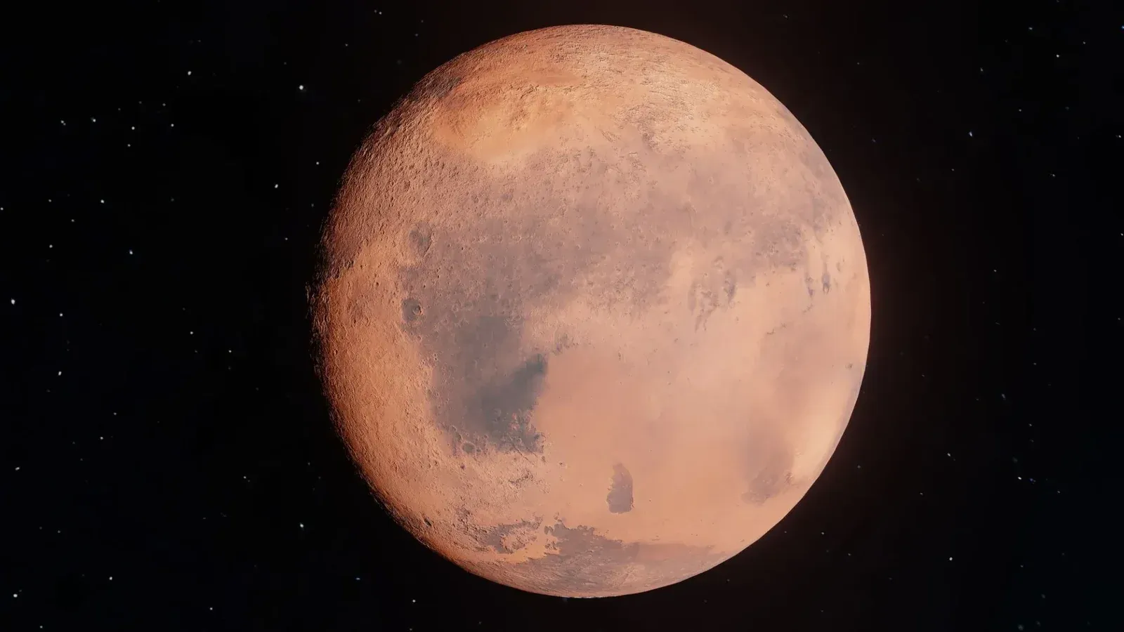 High-resolution image of Mars shining in the vast universe, showcasing its surface details.
