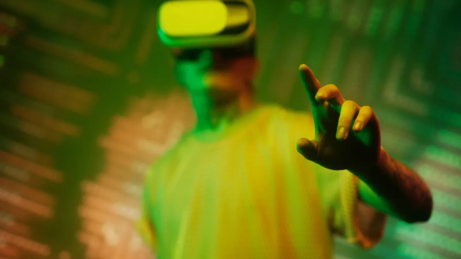 A man engaging with a virtual environment using a VR headset in a futuristic setting.