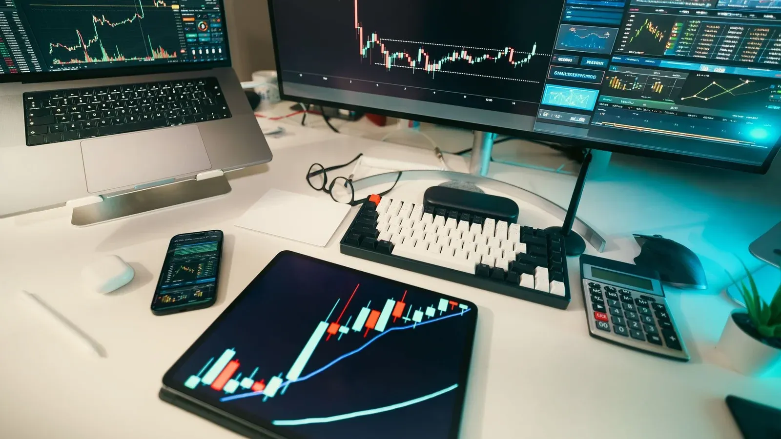 A modern trading desk with screens displaying financial charts and graphs, showcasing a digital analysis setup.