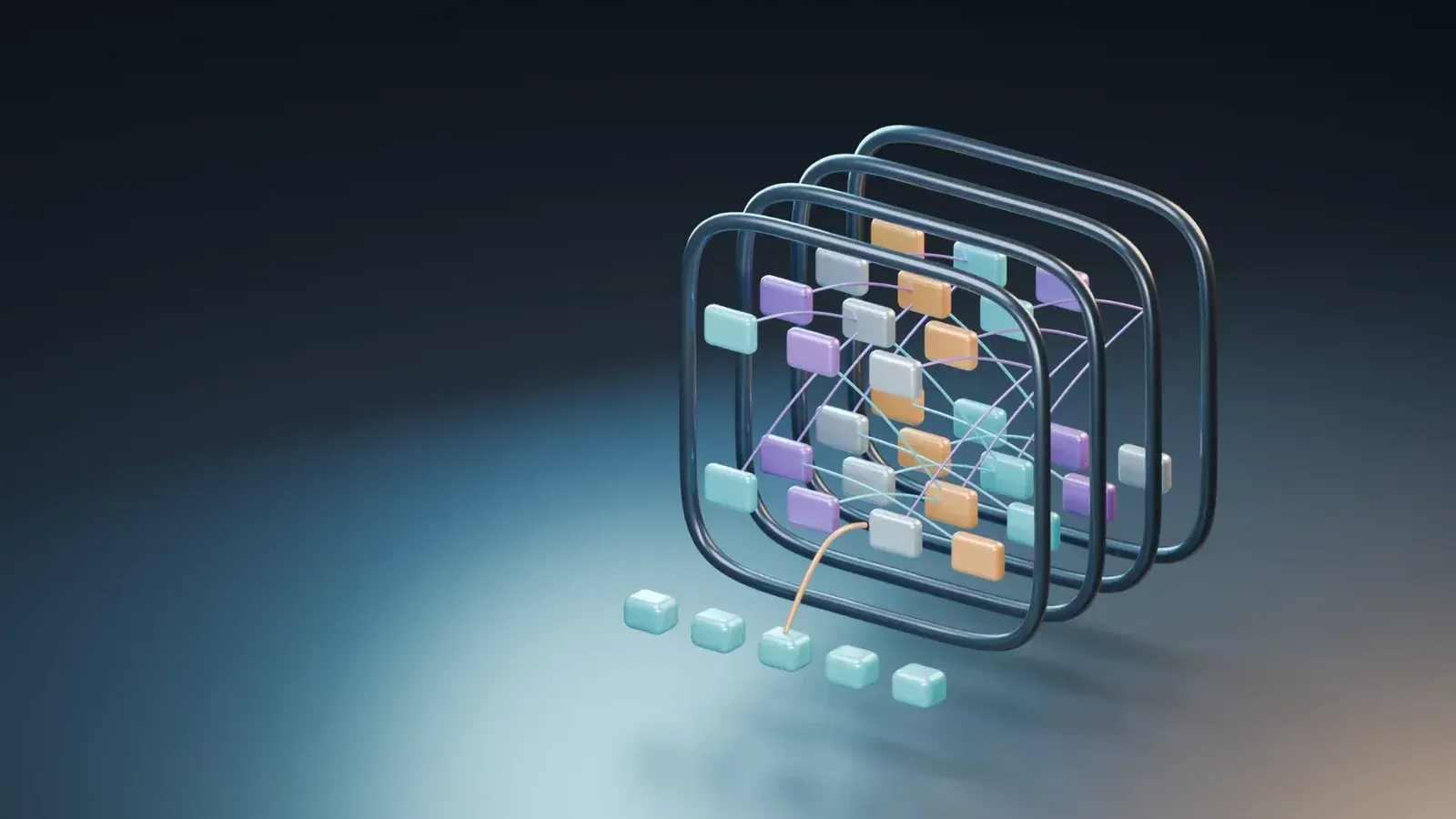 Modern 3D render of interconnected geometric cubes in a futuristic abstract design.