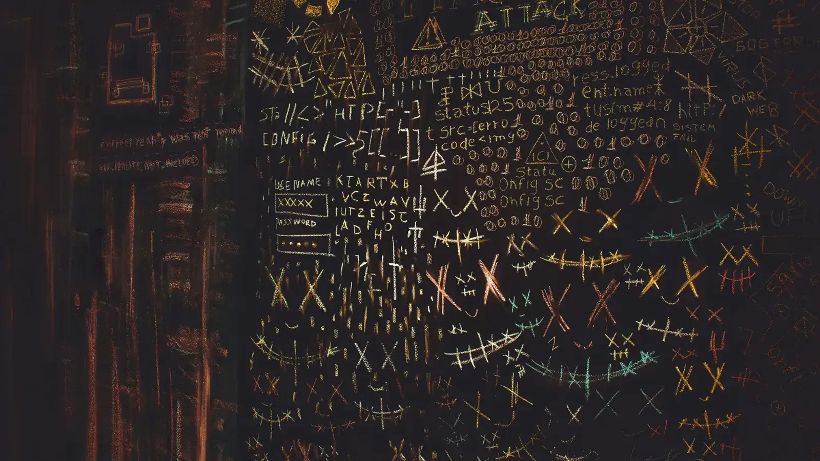 Chalkboard filled with complex cybersecurity and hacking symbols in colorful chalk.