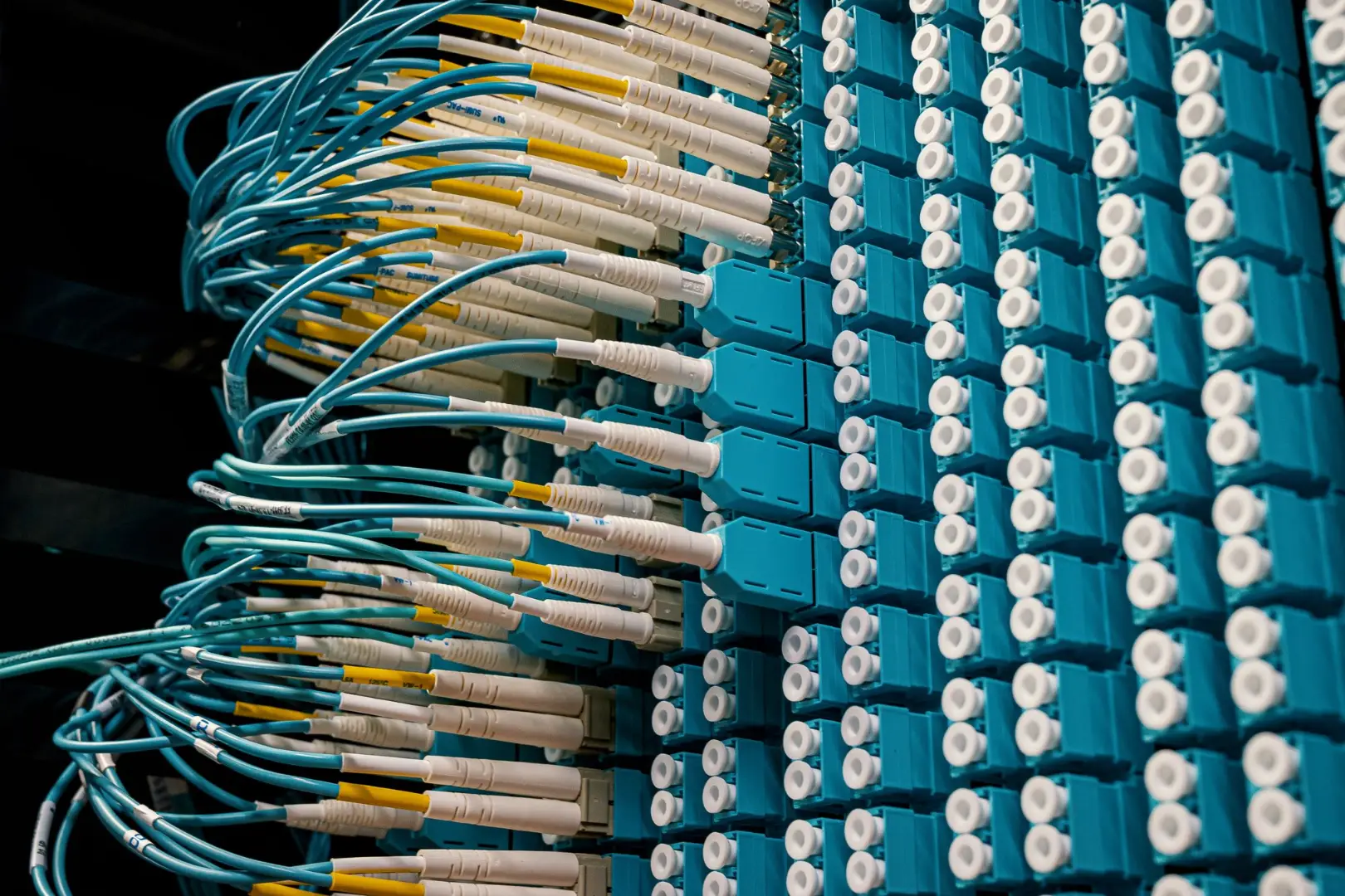 Vista detallada de los cables de parche de fibra óptica que se conectan a un panel de parche azul en un centro de datos.