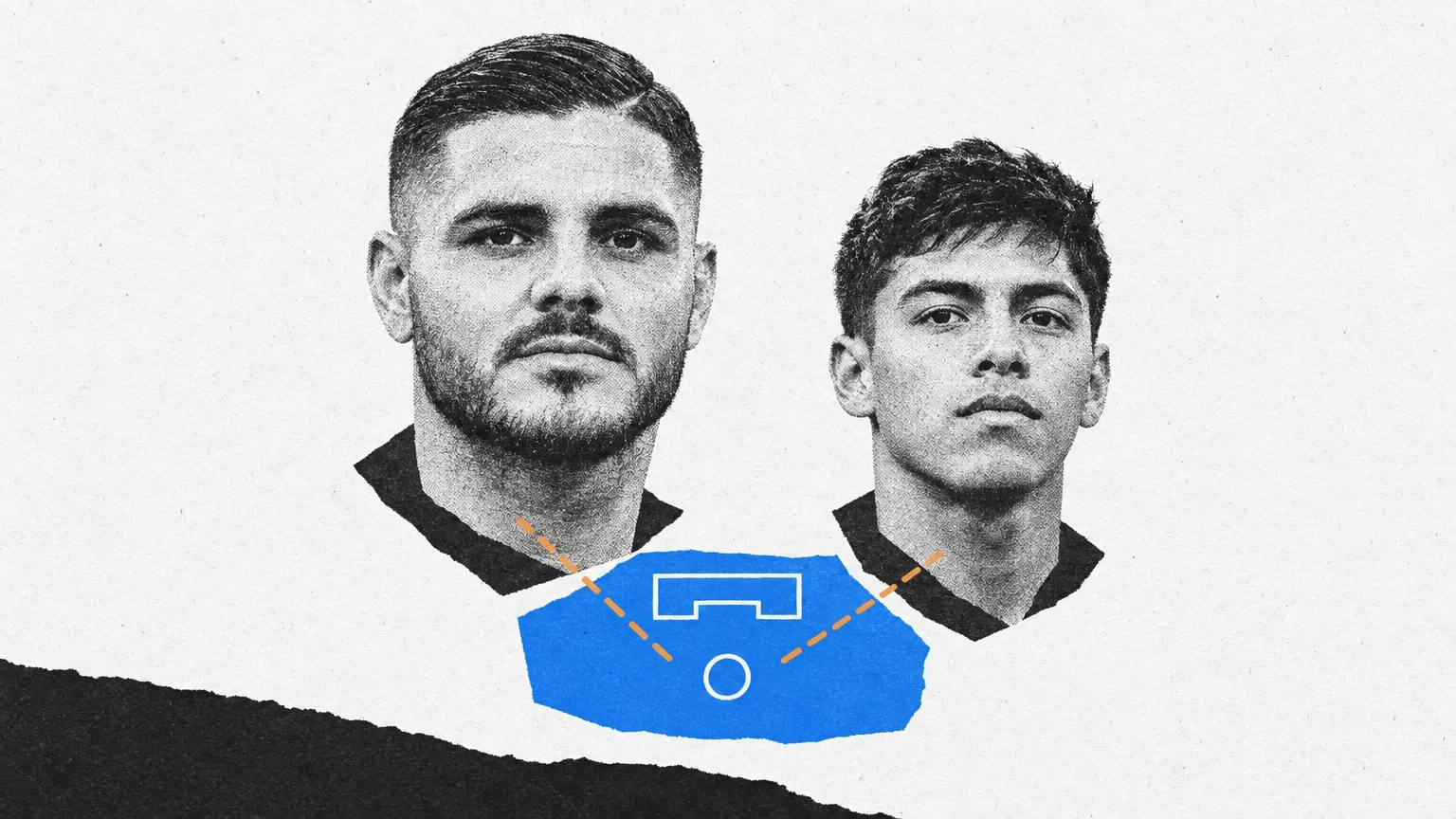 Dos retratos masculinos en blanco y negro aparecen sobre un diagrama azul con un círculo vacío y líneas discontinuas naranjas.