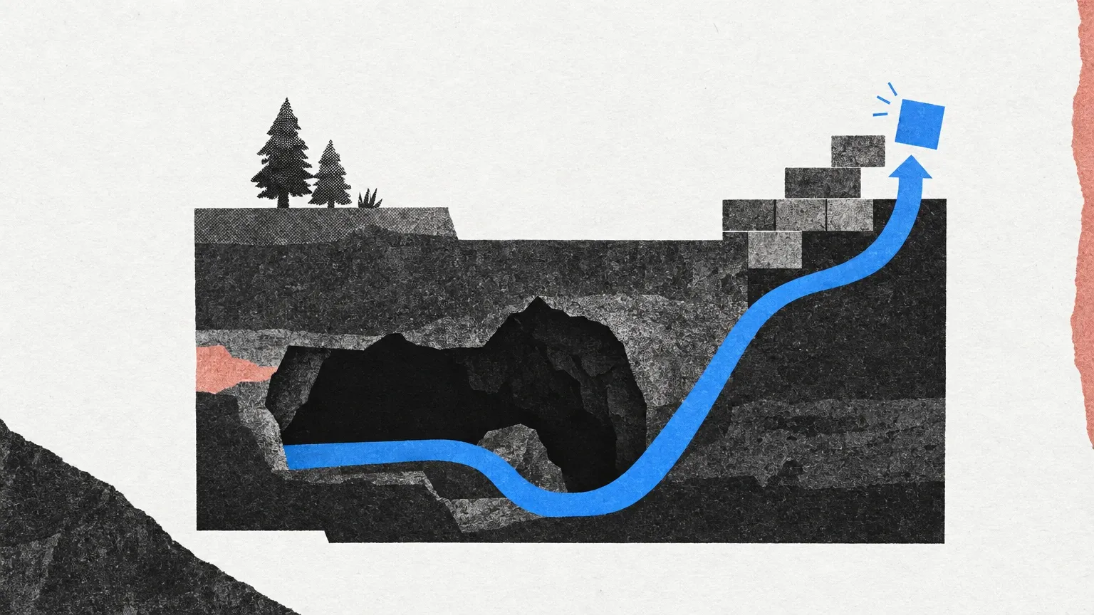 Collage de un terreno con árboles, una cueva y escalones de bloques, atravesado por una flecha azul que apunta hacia un cuadrado suspendido.