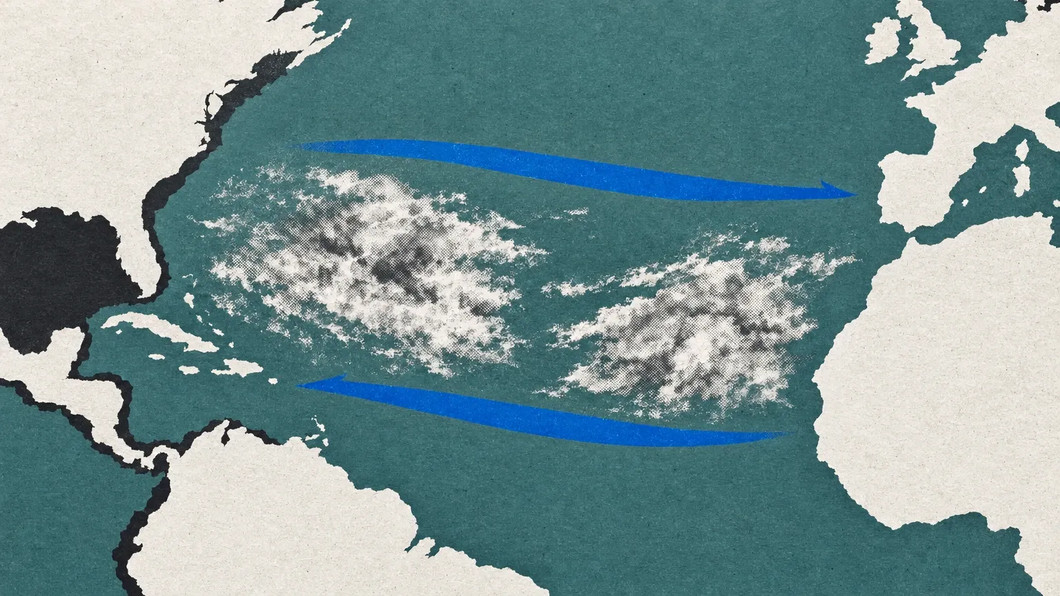 Mapa estilizado del Atlántico con dos conjuntos de nubes y dos flechas azules que apuntan en sentidos opuestos.