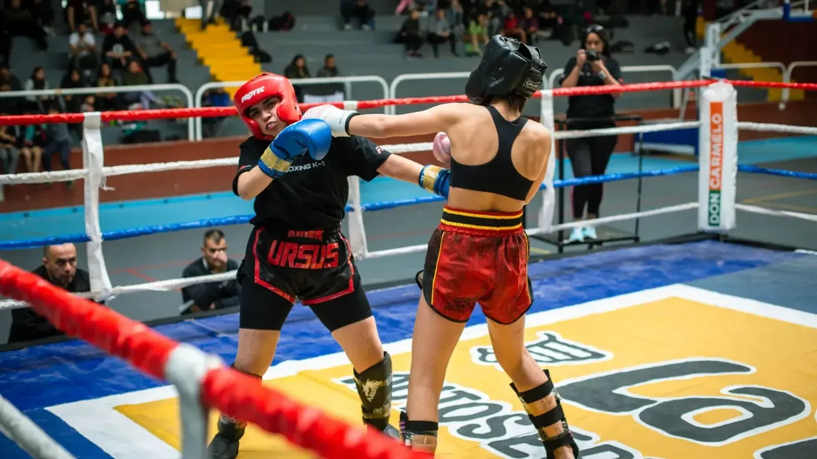 Intense kickboxing match featuring two female athletes in a boxing ring.