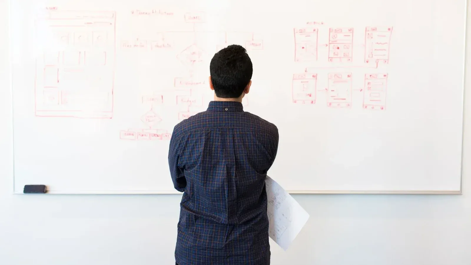 Hombre analizando el diagrama de flujo del diseño en la pizarra en un entorno de oficina profesional.