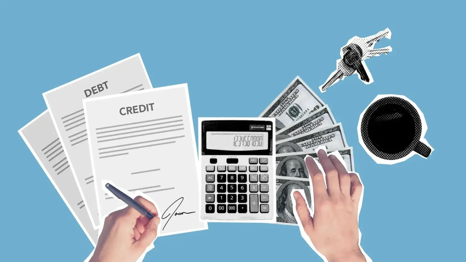 Vista superior de la composición de papel recortado de papel de crédito de firma masculina mientras se cuenta el dinero en efectivo y el apartamento contra el fondo azul