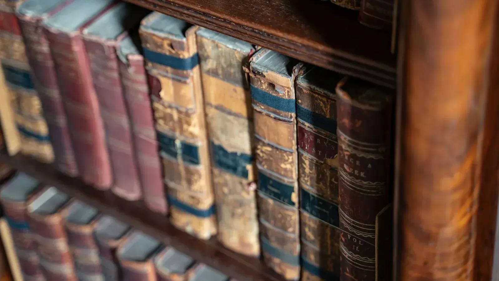 Close-up of vintage leather-bound books on rustic wooden shelves with warm lighting.