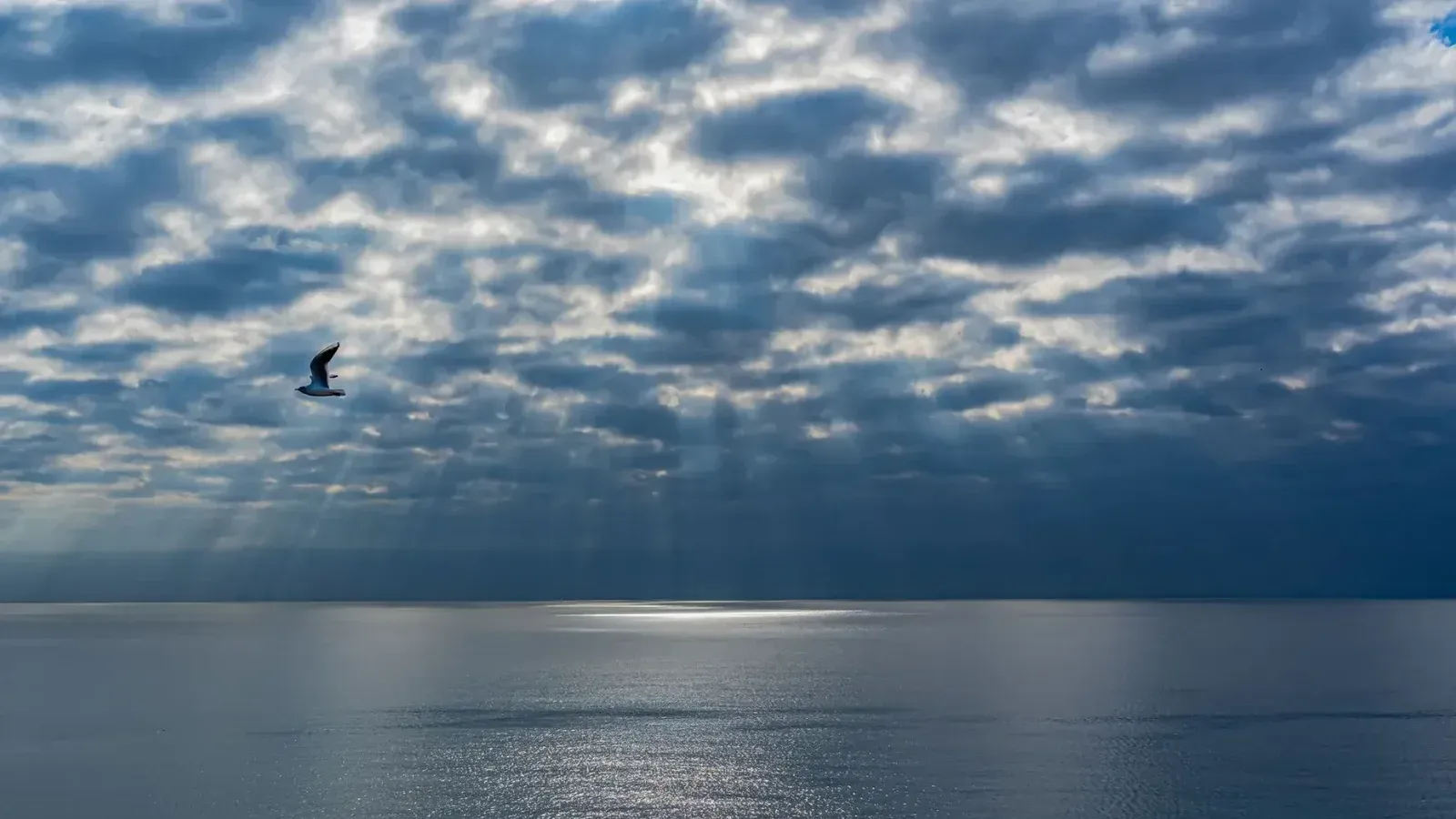 Un tranquilo paisaje marino con rayos de sol que penetran a través de las nubes sobre un océano tranquilo.