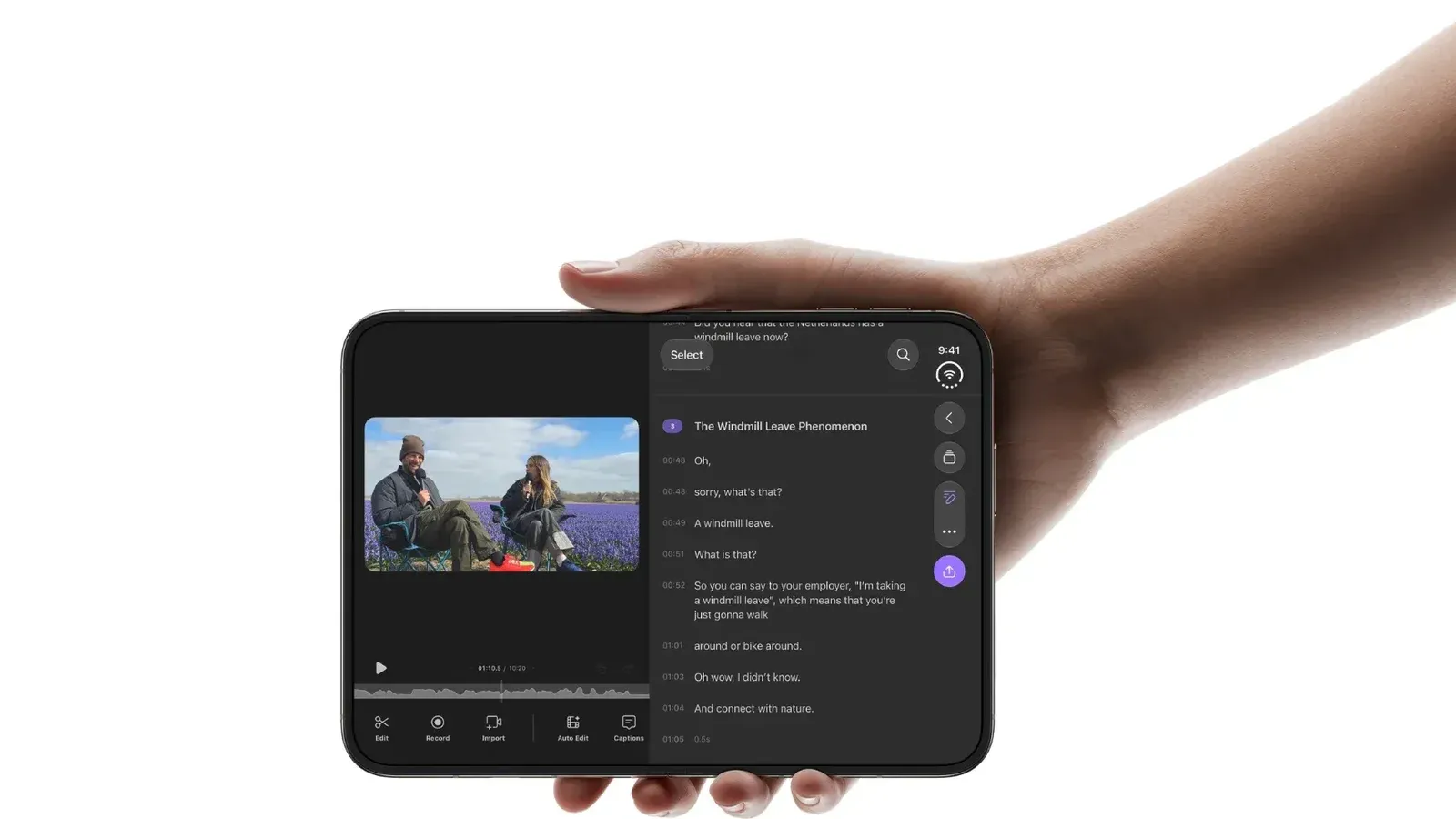 iPhone Duo, abierto en posición horizontal, detalle, una aplicación de edición de IA, que se muestra en la pantalla interna