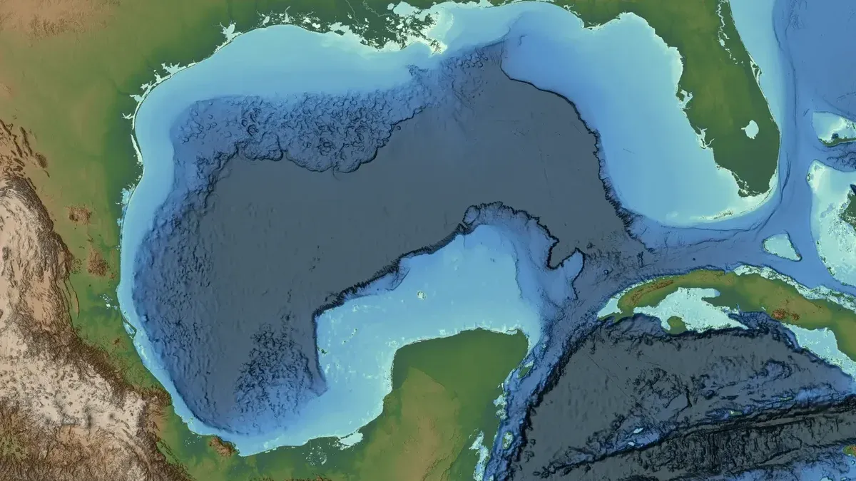 Mapa batimétrico del Golfo de México extraído del conjunto de datos ETOPO 2022.