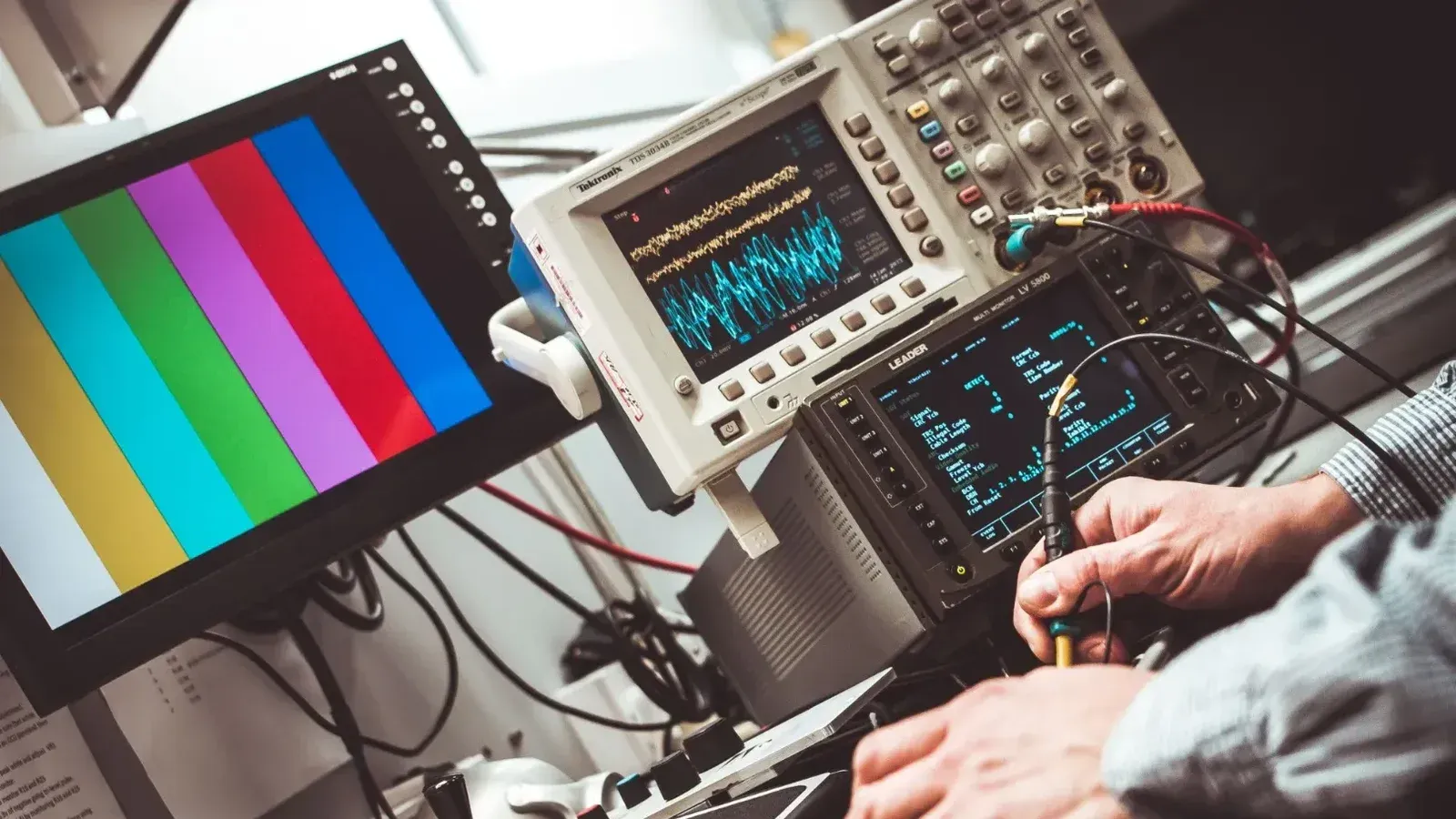 Técnico Operador de laboratorio Dispositivos electrónicos de prueba y de medición con pantalla colorida.