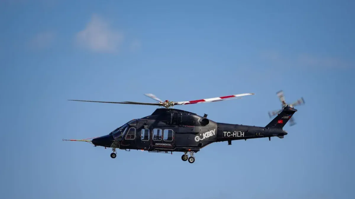 Un helicóptero volando contra un cielo azul despejado en Estambul, mostrando aerodinámica y tecnología de aviación.