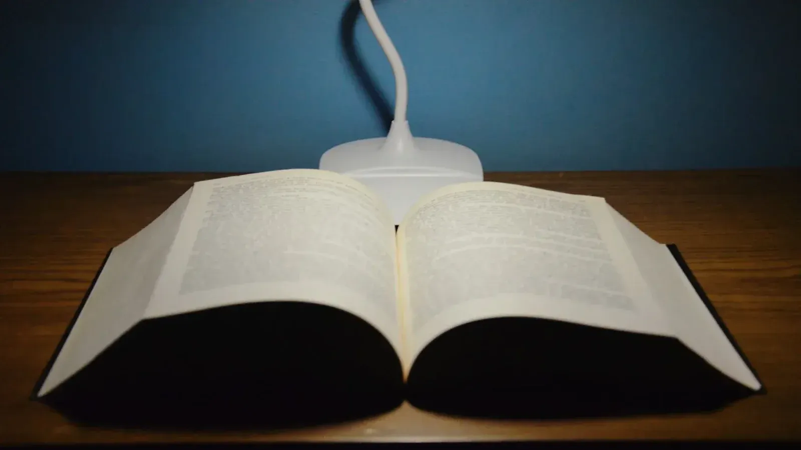 High angle of opened textbook placed on wooden table under artificial light of white lamp against blue wall