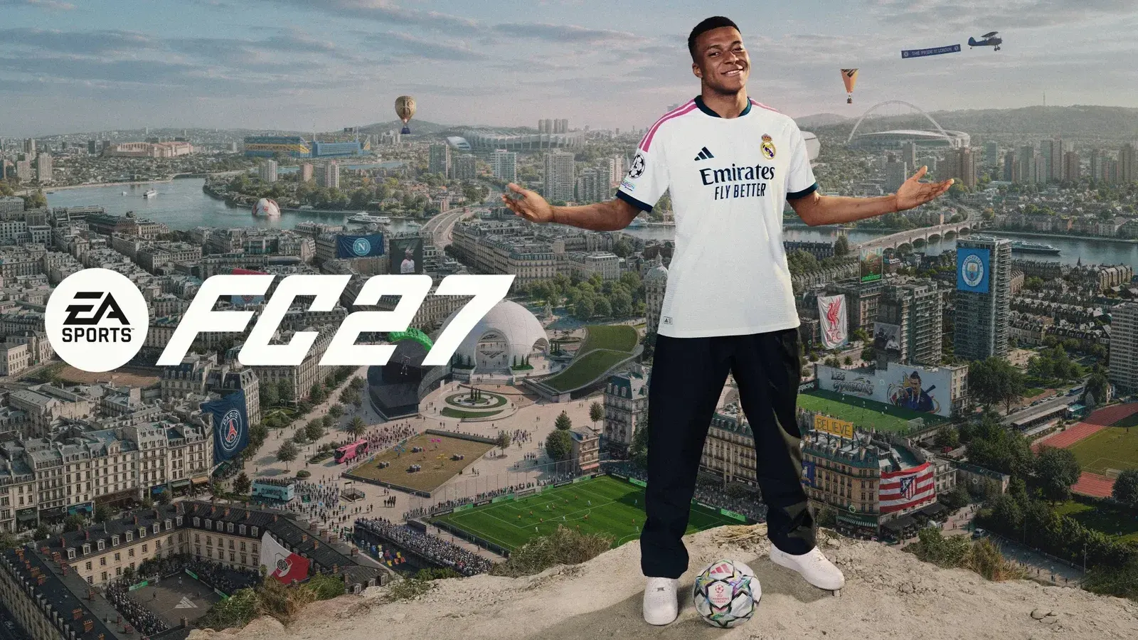 EA SPORTS FC 27 key art featuring Kylian Mbappé in a Real Madrid kit standing with arms outstretched on a football atop a panoramic cityscape filled with football stadiums, club banners and