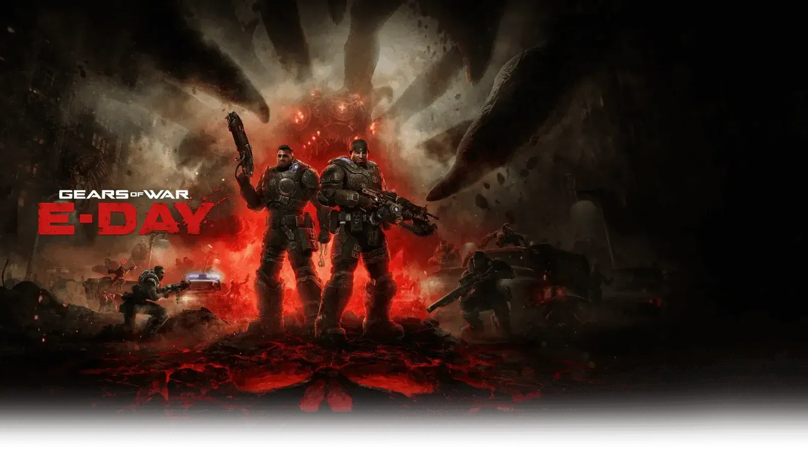 El logotipo de Gears of War: E-Day, Marcus y Dom sostienen sus armas, mientras que el caos del Día de Emergencia se desarrolla a su alrededor.