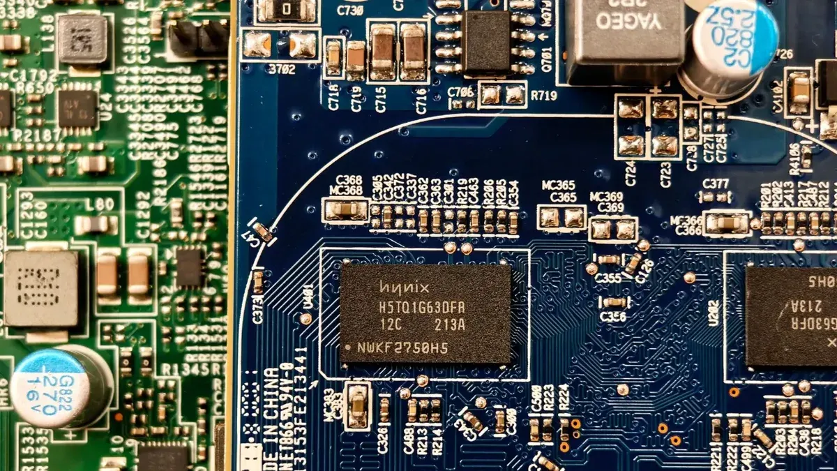 Detailed close-up of computer circuit boards highlighting electronic components and intricate circuitry.