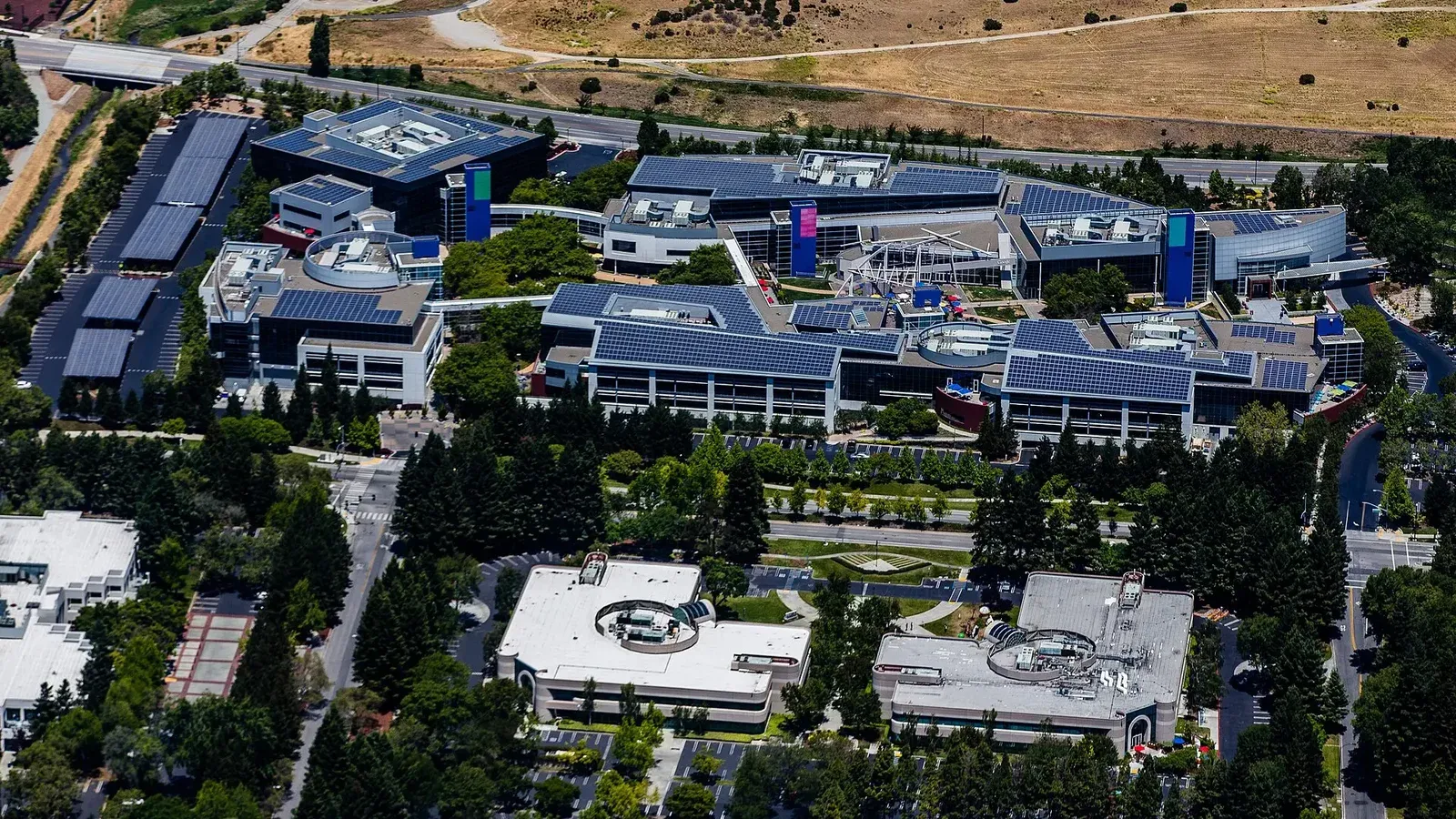 Aerial view of the main Google Campus in Mountain View, CA.