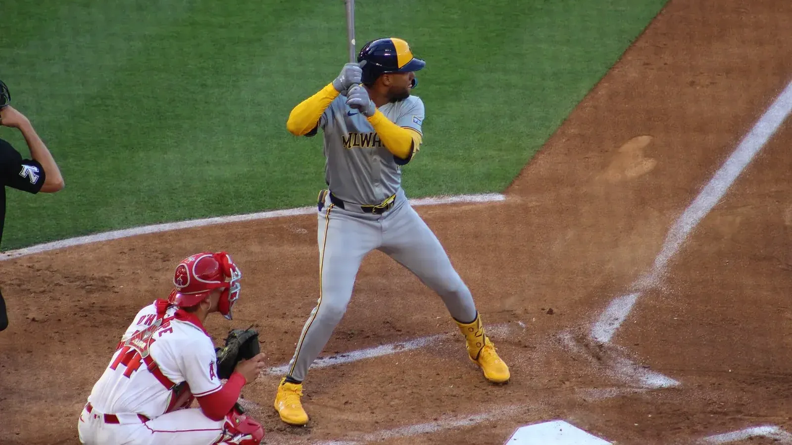 Jackson Chourio in the batter's box in Anaheim.