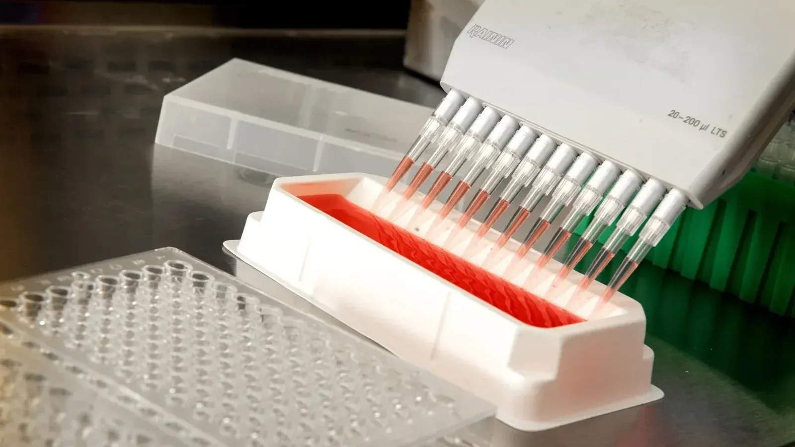 Close-up of an automated pipetting system dispensing liquids in a scientific laboratory.