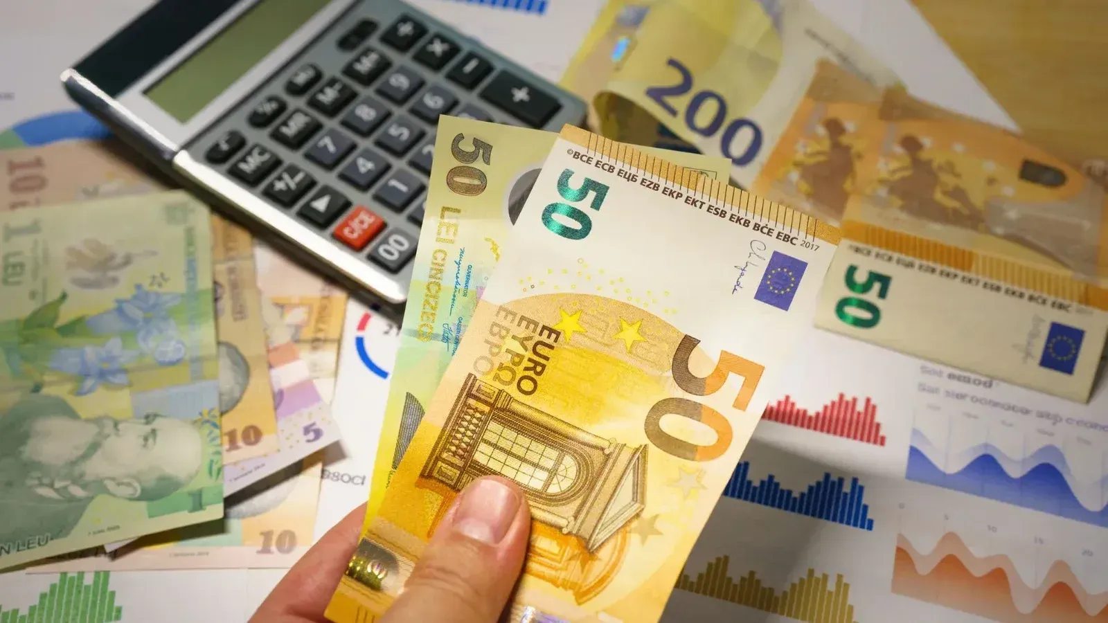 Moneda euro y lei rumano con calculadora en una configuración de escritorio financiero.