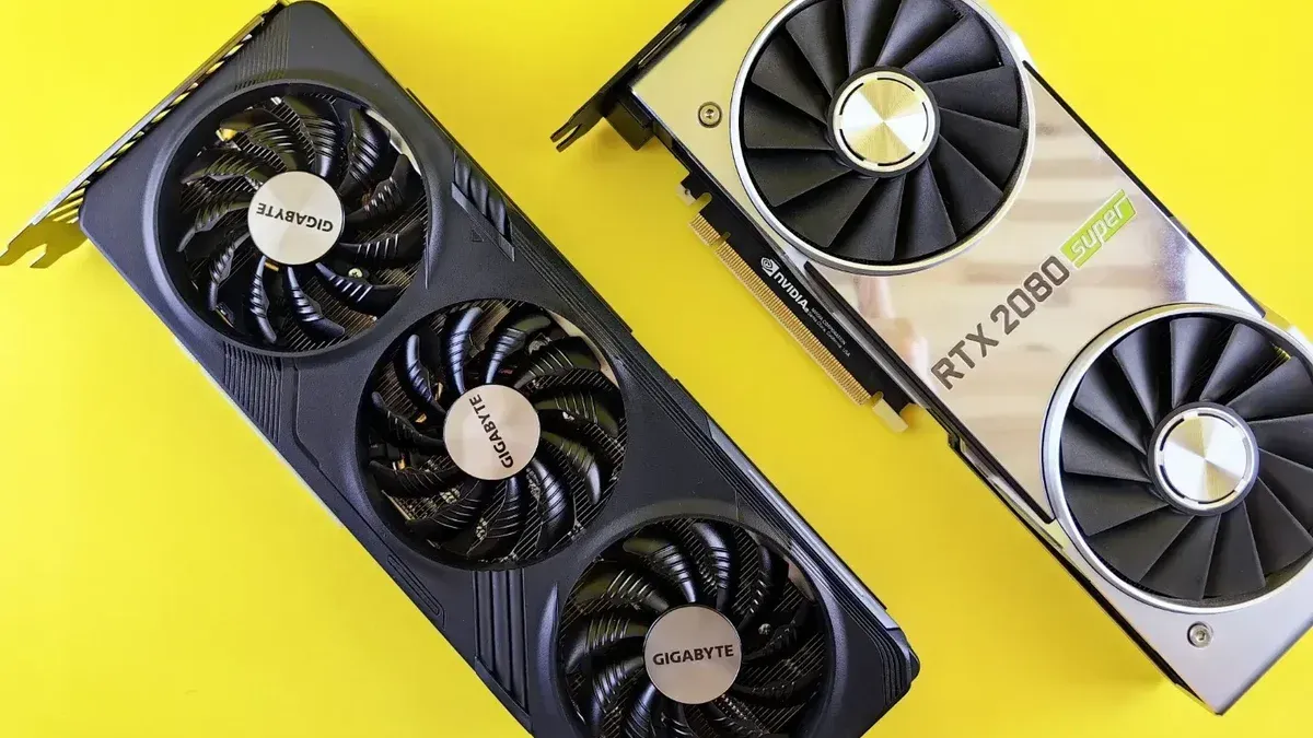 Dos tarjetas gráficas modernas sobre un fondo amarillo brillante, destacando la tecnología y el diseño.