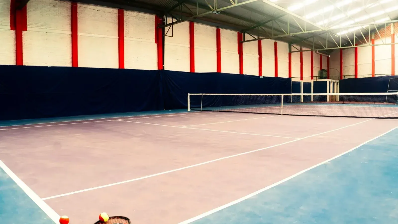Empty indoor tennis court with rackets and balls in the foreground, showcasing a sports arena setup.