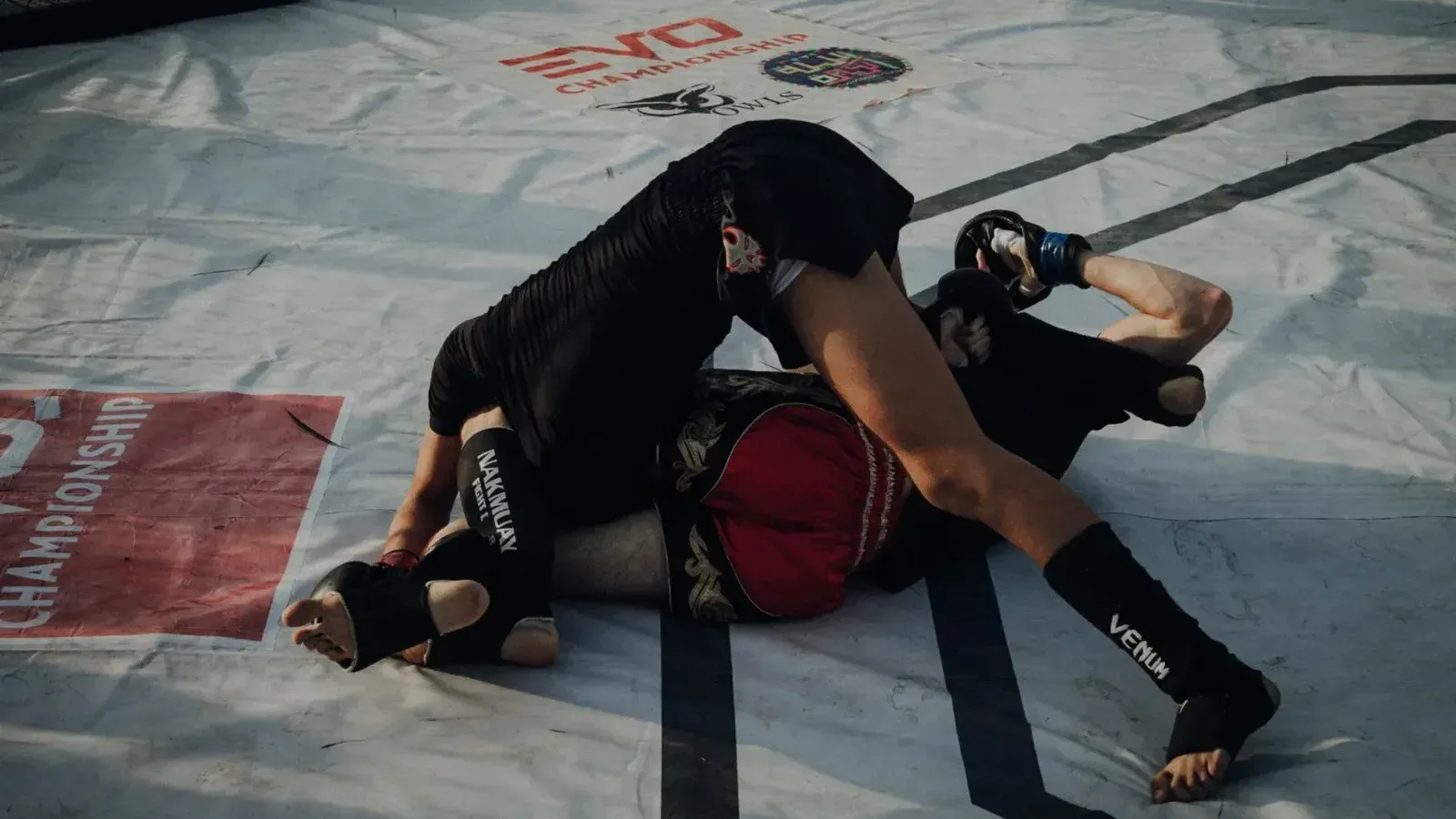 Mixed martial arts fighters in an intense grappling competition in an arena.