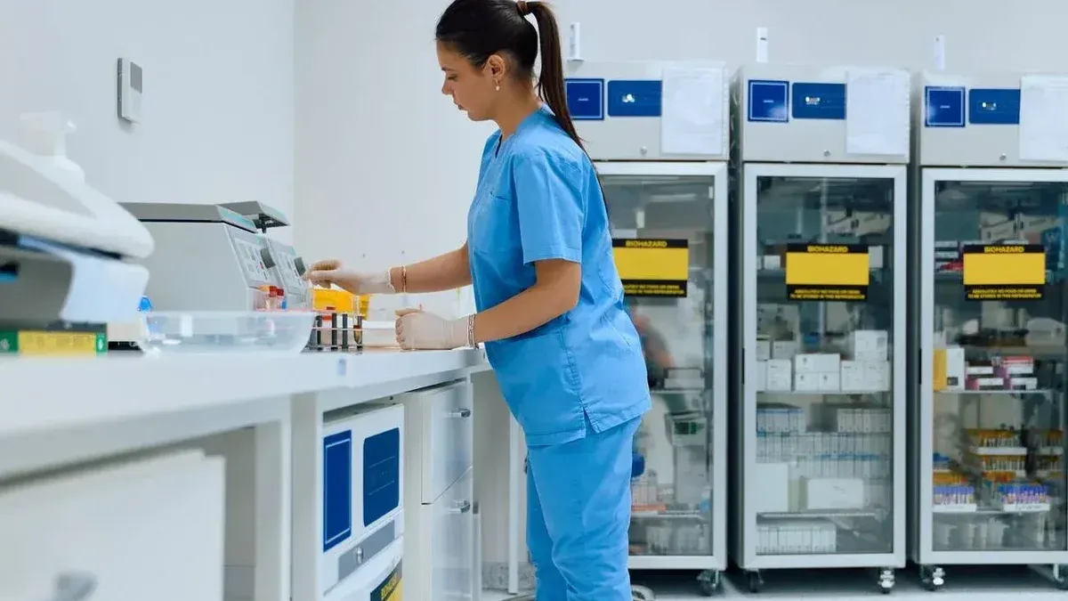 Un registro documental de un entorno de patología clínica y laboratorio médico configurado para investigaciones de hematología, análisis de muestras de sangre de rutina, procesamiento de