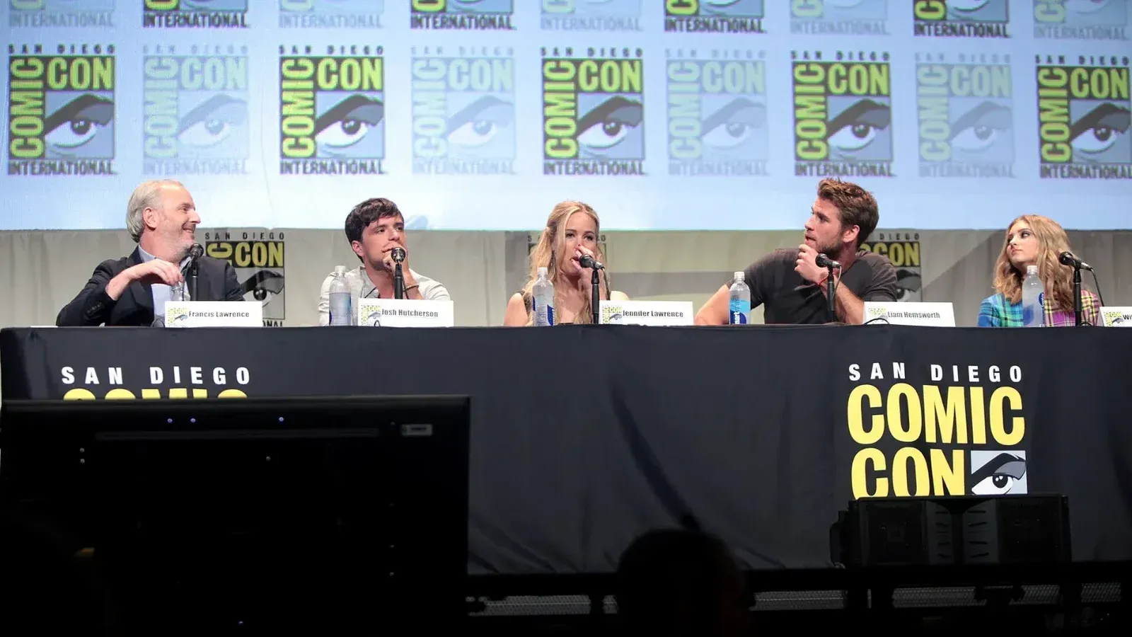Francis Lawrence, Josh Hutcherson, Jennifer Lawrence, Liam Hemsworth and Willow Shields speaking at the 2015 San Diego Comic Con International, for "The Hunger Games: Mockingjay Part 2", at
