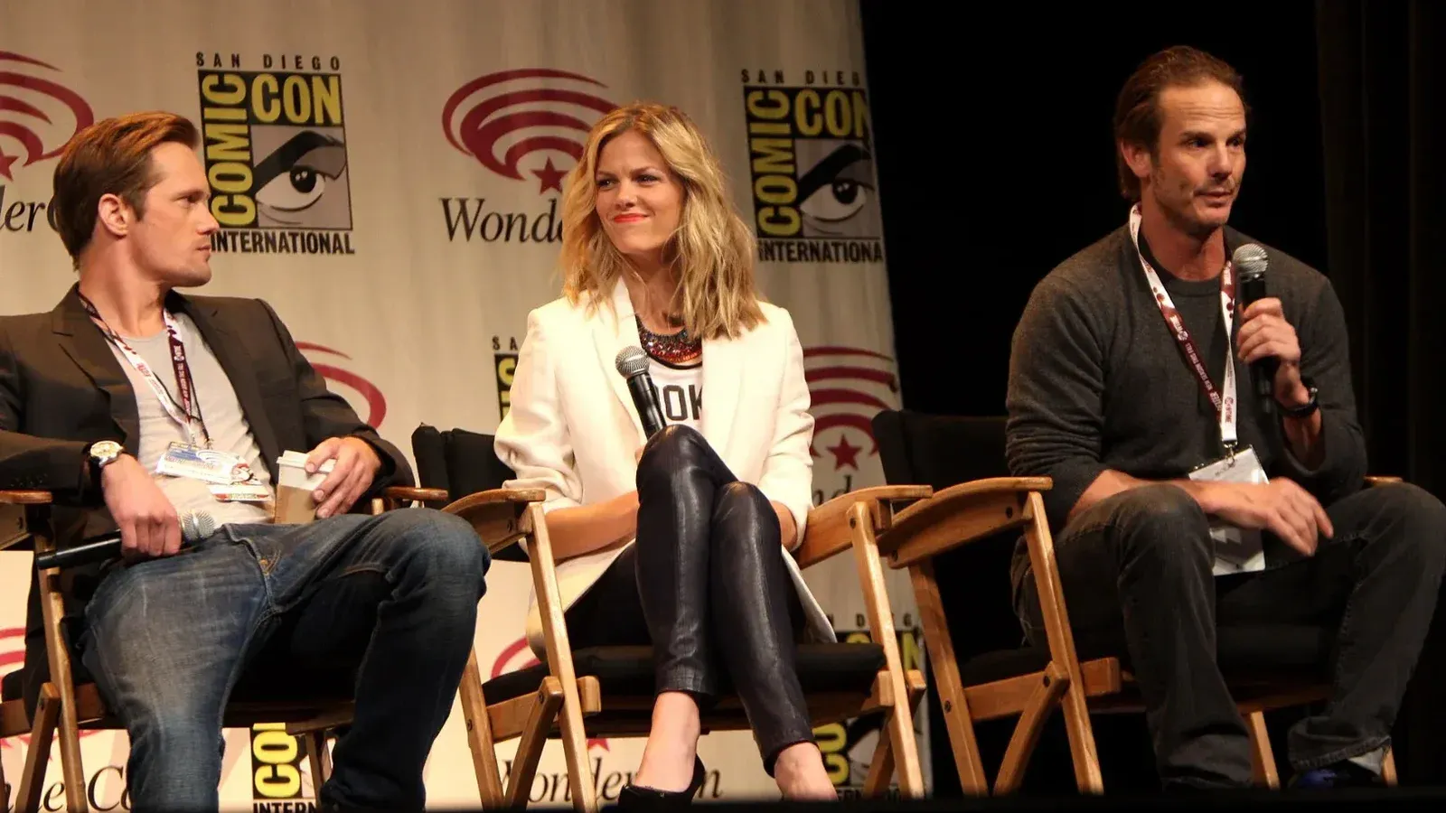 Alexander Skarsgard, Brooklyn Decker, and Peter Berg speaking at Wondercon 2012 in Anaheim, California on March 17, 2012.