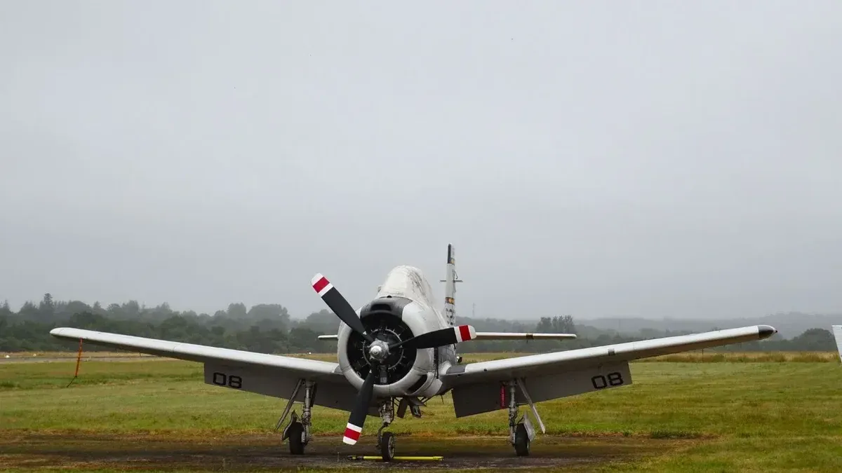 Vista trasera de un avión de hélice vintage estacionado en una pista de aterrizaje de hierba bajo cielos de niebla.