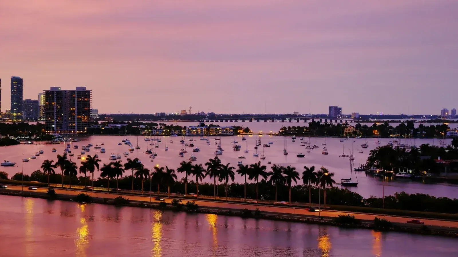 Una vista aérea del horizonte de Miami en Twilight, con reflejos de agua y palmeras.