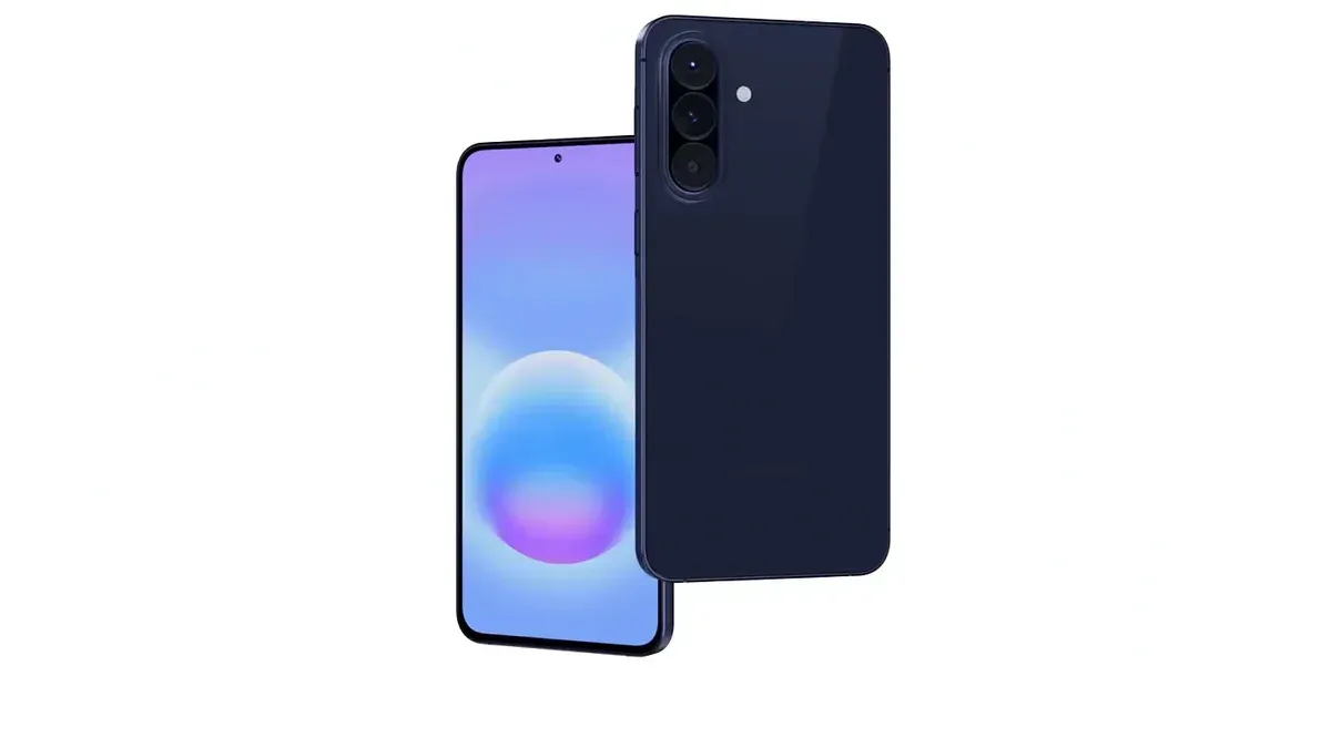 Galaxy A57 5G in Awesome Navy is shown from the side view to highlight the slim profile. The device turns around to show a close-up of the back side with the camera bump with Triple Camera