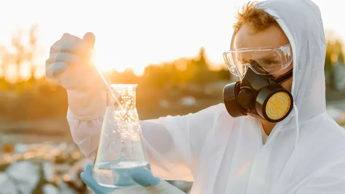 Scientist in protective gear conducting experiment outdoors at sunset.
