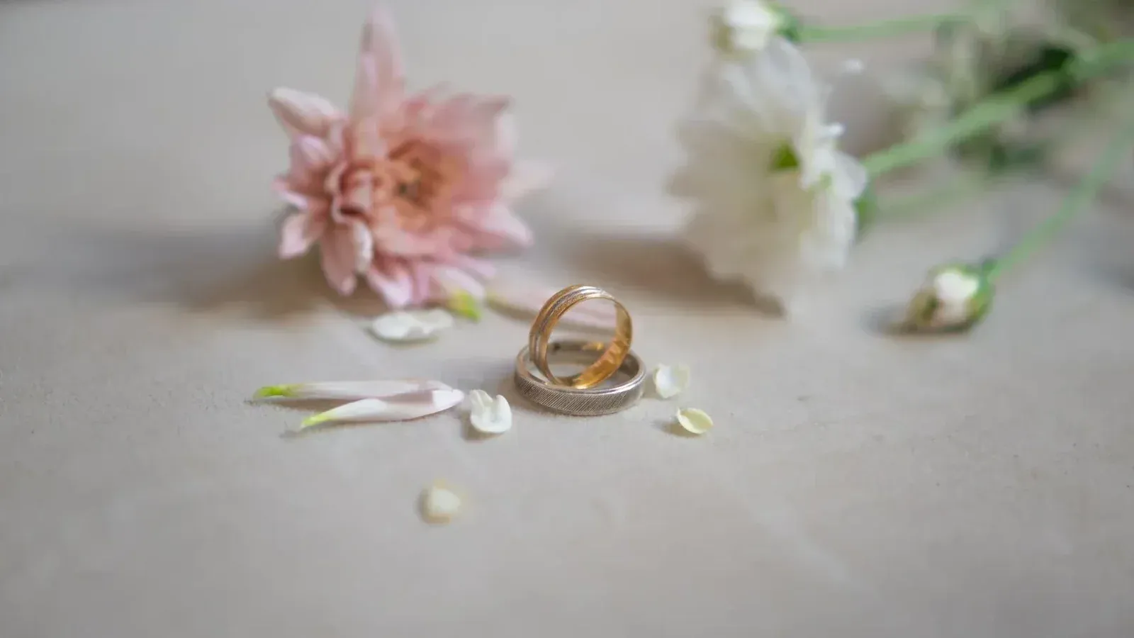 Anillos de boda de oro y plata con delicadas flores y pétalos rosados y blancos.