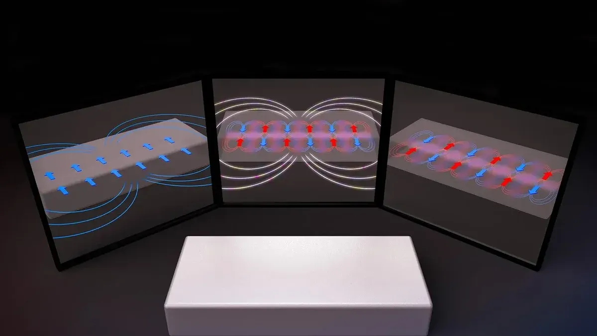 Three-panel illustration comparing magnetic spin patterns in materials, showing arrows and glowing field lines on panels arranged in a triptych.