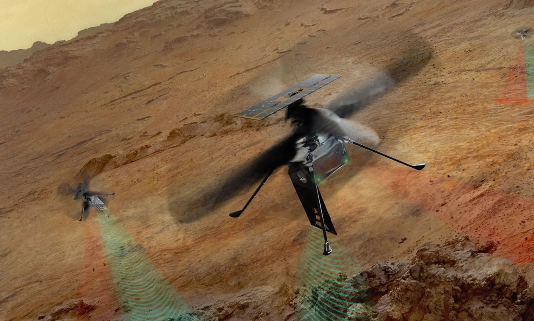Tres helicópteros de drones sobrevuelan un paisaje rocoso de color marrón rojizo. El dron en primer plano y dos drones más pequeños en el fondo todos proyectan vigas onduladas, rojas y