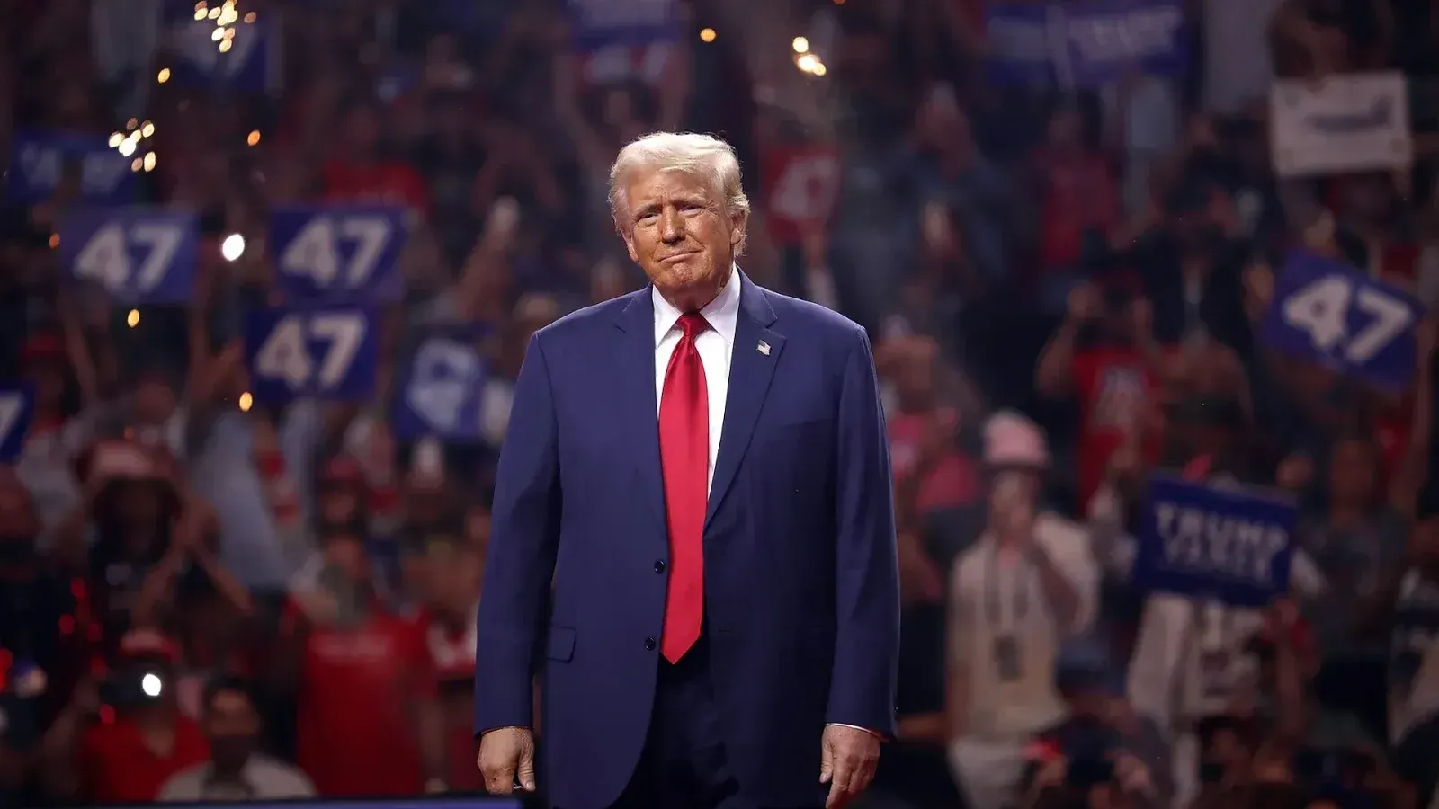 Former President of the United States Donald Trump speaking with attendees at an Arizona for Trump rally at Desert Diamond Arena in Glendale, Arizona.