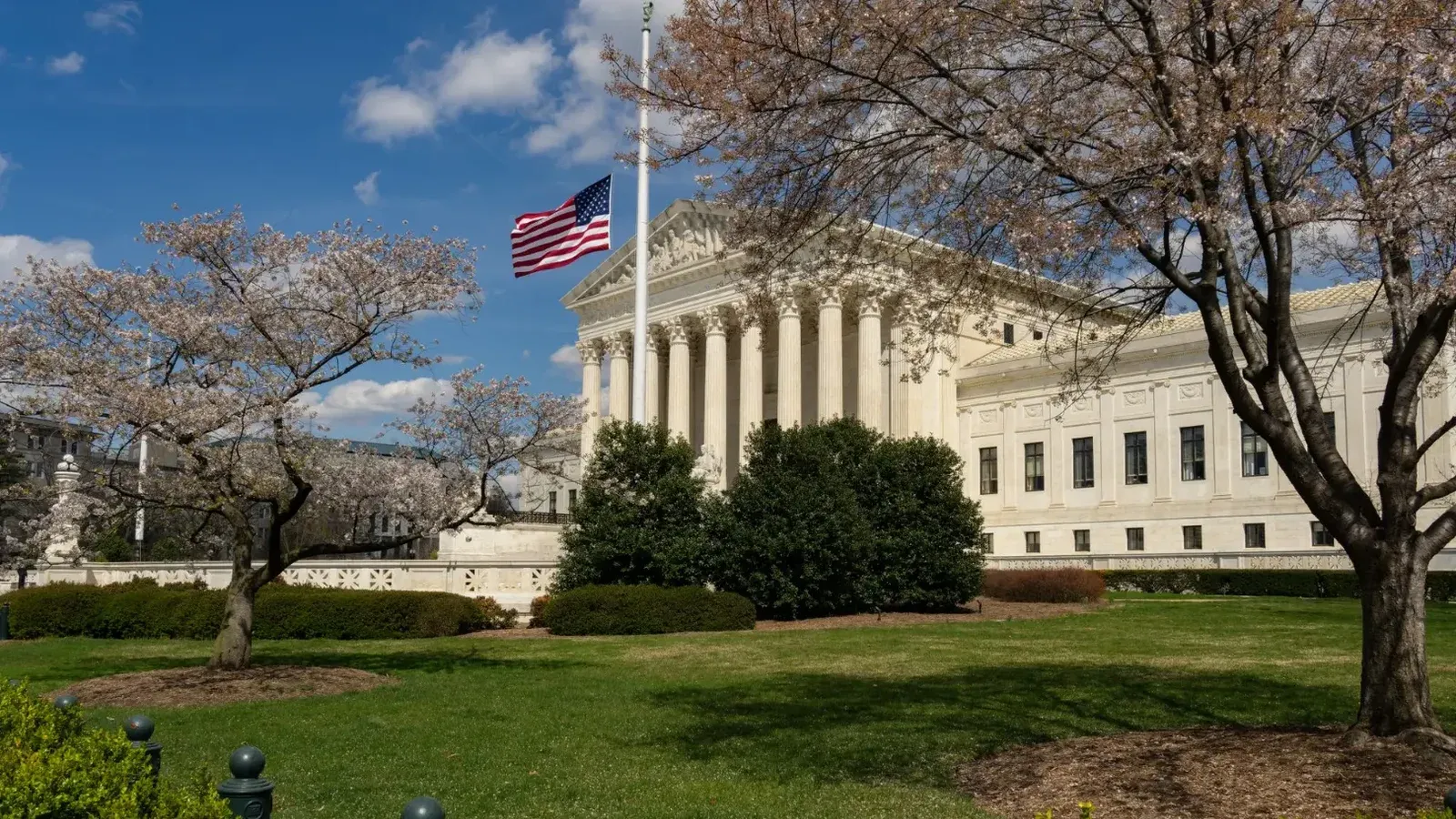 Una vista de un edificio del gobierno neoclásico con una bandera americana y flores de cerezo en Washington, DC.