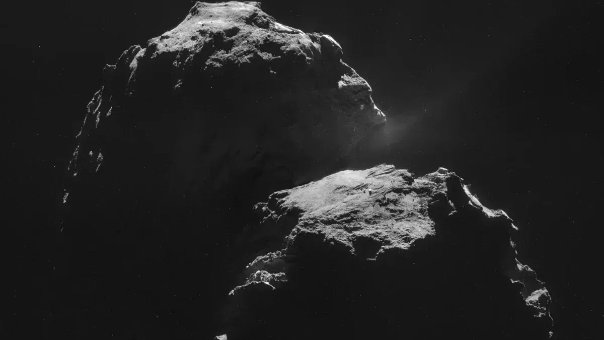 Mosaic of four images taken by Rosetta's navigation camera (NAVCAM) on 4 November 2014 at 31.8 km from the centre of comet 67P/Churyumov–Gerasimenko.