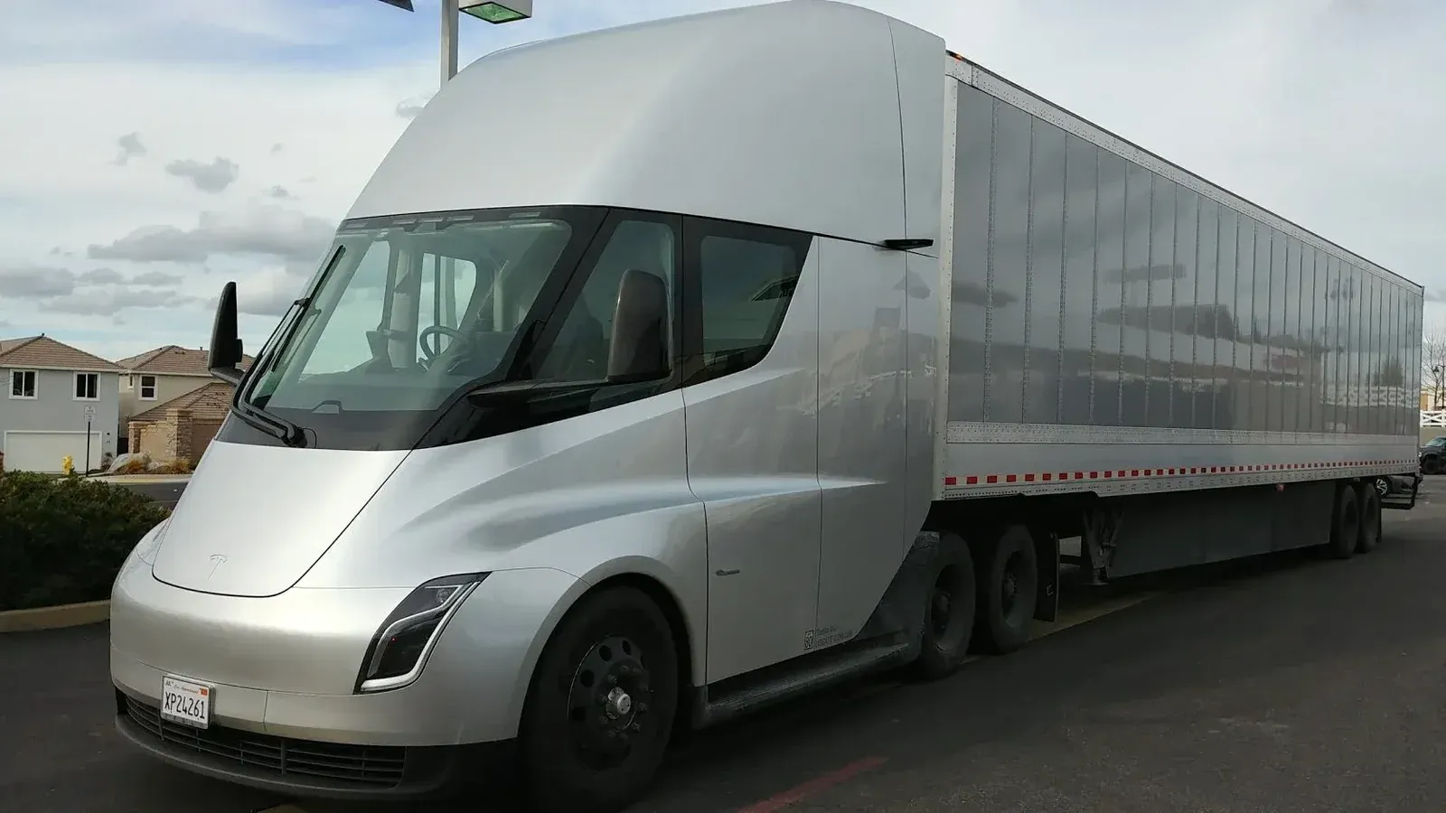 A silver Tesla Semi in Rocklin, California