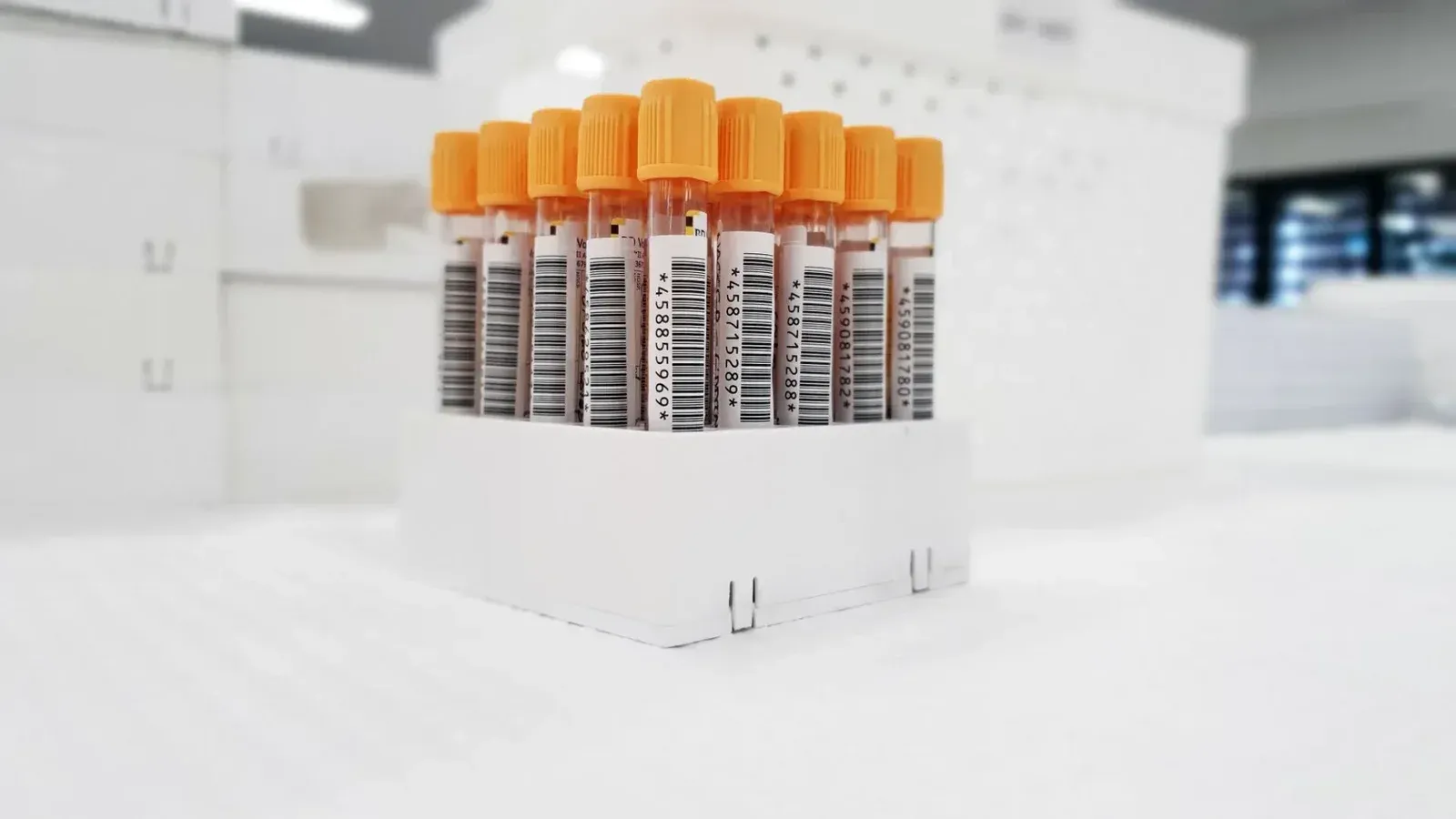 Tubos de ensayo de muestras de sangre con códigos de barras organizados en un laboratorio.